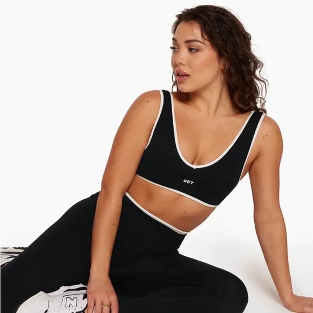 SET Active Black Crop Sports Bra with White Trim